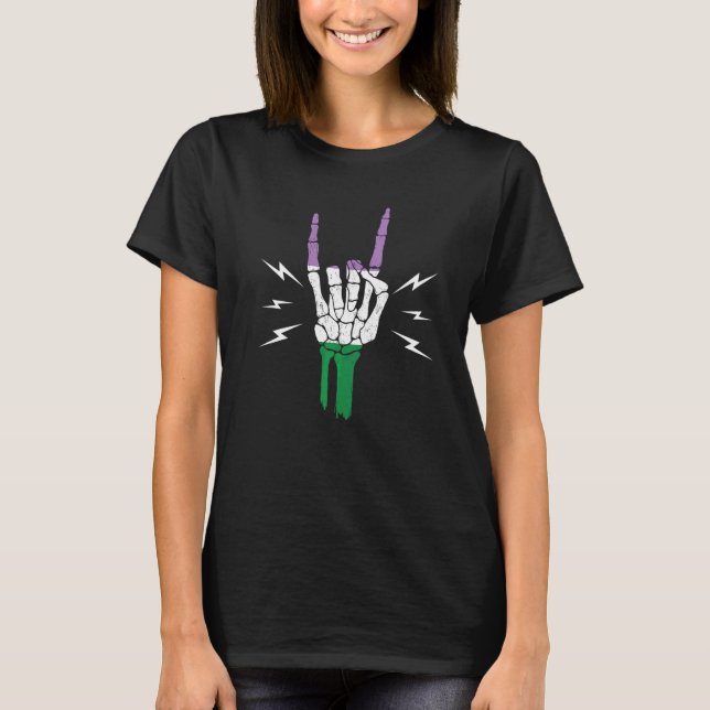 Genderqueer Pride Flag  Skeleton Hand Genderqueer T-Shirt (Front)