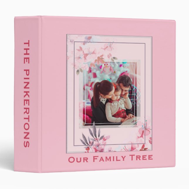 Genealogy Family Tree Pink Floral Photo Book 3 Ring Binder (Front/Spine)