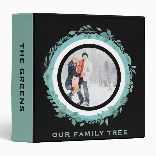 Genealogy Family Tree Teal Botanical Wreath Photo 3 Ring Binder (Front/Spine)