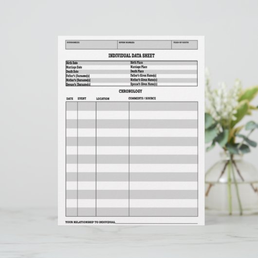 Genealogy Individual Data Sheet Chronology (Standing Front)