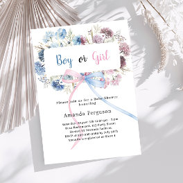 Gener reveal party blue pink florals bow boy girl invitation