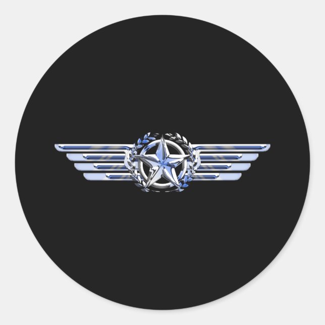 General Air Pilot Chrome Like Star Wings Black Classic Round Sticker (Front)