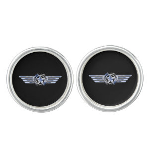 General Air Pilot Chrome Like Star Wings Black Cufflinks