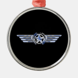 General Air Pilot Chrome Like Star Wings Black Metal Ornament