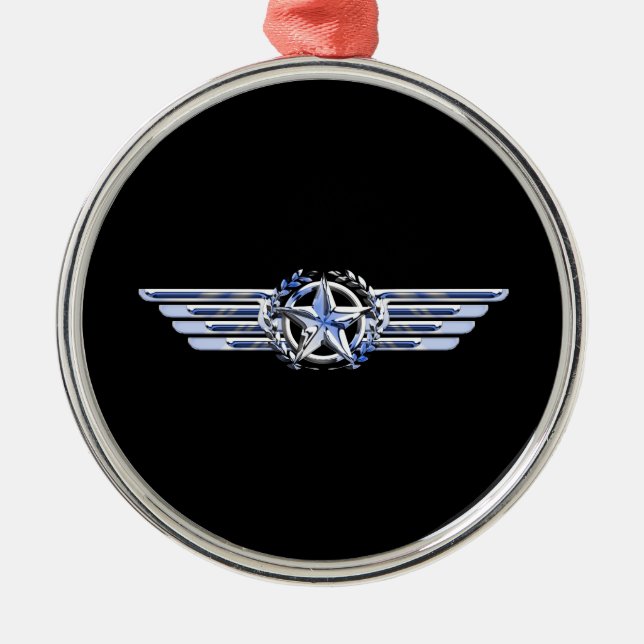 General Air Pilot Chrome Like Star Wings Black Metal Ornament (Front)