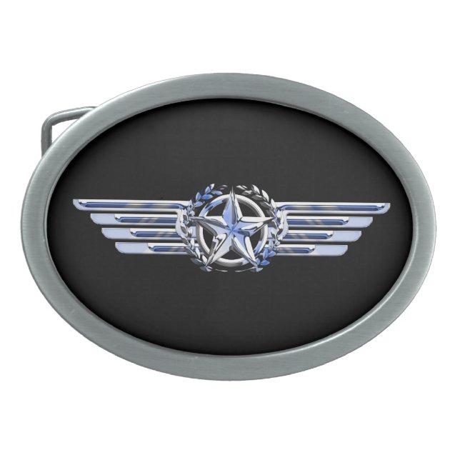 General Air Pilot Chrome Like Star Wings Black Oval Belt Buckle (Front)