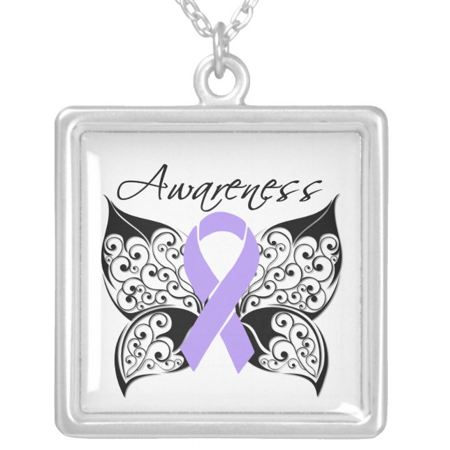 General Cancer Awareness Tattoo Butterfly Silver Plated Necklace (Front)