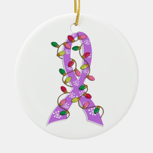 General Cancer Christmas Lights Ribbon Ceramic Ornament (Front)