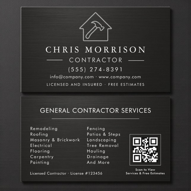 General Construction Black Silver Metallic QR Code Business Card (Creator Uploaded)