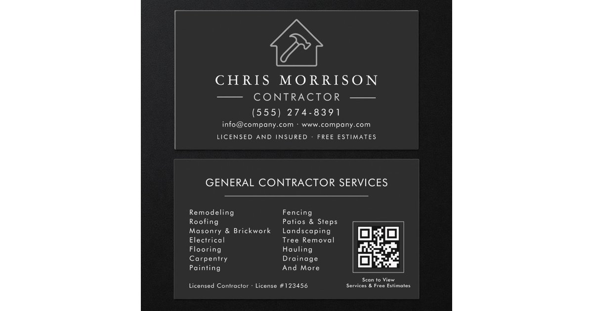 General Construction Black Silver QR Code Business Card | Zazzle