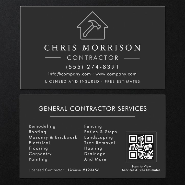 General Construction Black Silver QR Code Business Card