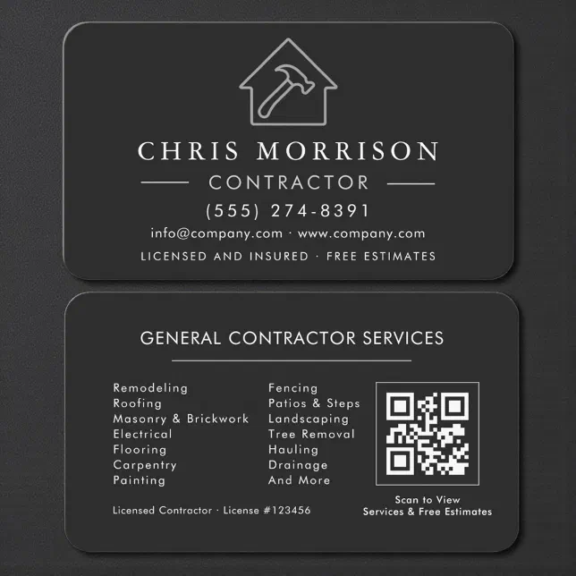 General Construction Black Silver QR Code Business Card | Zazzle