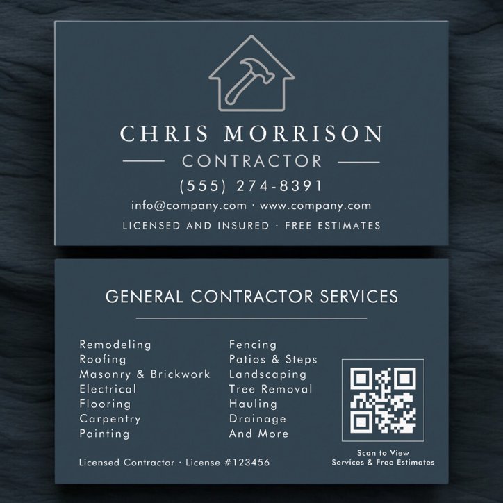 General Construction Blue Silver QR Code Business Card
