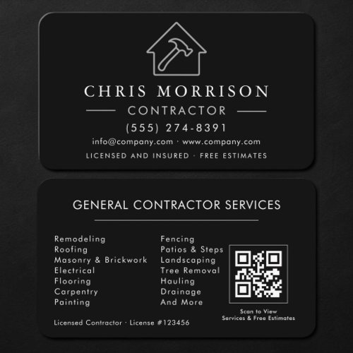 General Construction Contractor QR Code Black Business Card