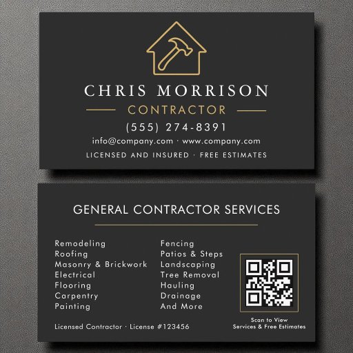 Customizable General Construction Modern Black Gold QR Code Business Card