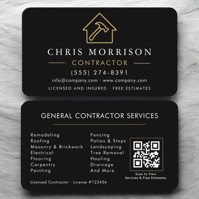General Construction QR Code Black Gold  Business Card (Creator Uploaded)