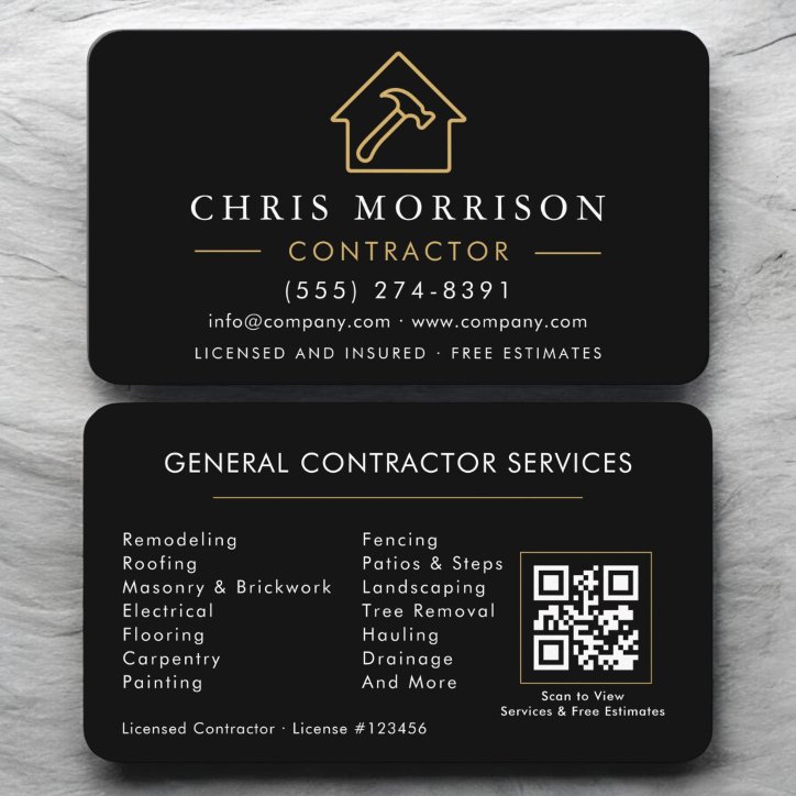 General Construction QR Code Black Gold Business Card