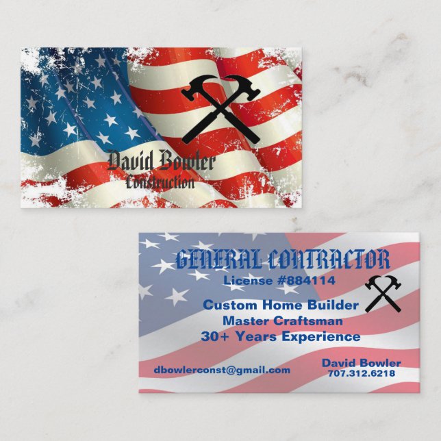 General Contractor American Flag Hammers Business Card (Front/Back)