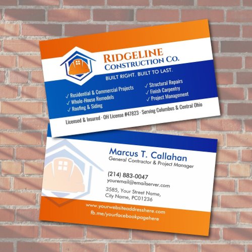 General Contractor Construction services Business Card