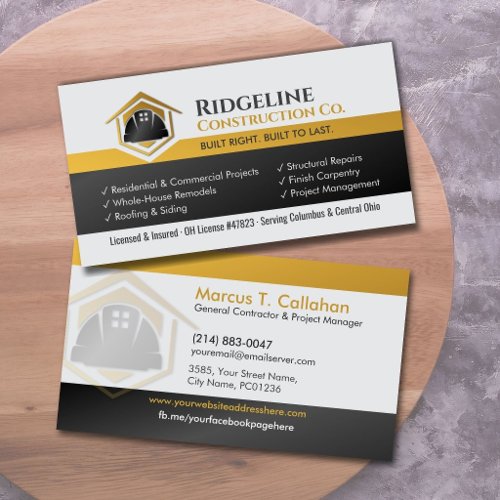 General Contractor Construction services Business Card