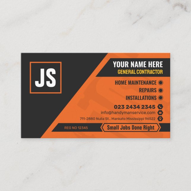 General Contractor, Handyman service, Construction Business Card (Front)