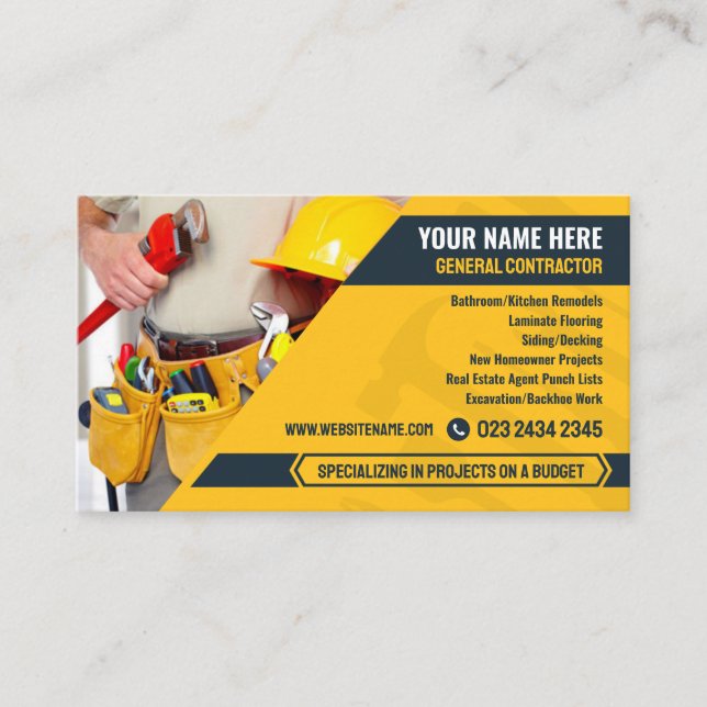 General Contractor, Handyman service, Construction Business Card (Front)