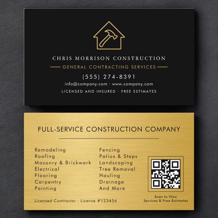 General Contractor Metallic Gold Black QR Code Business Card