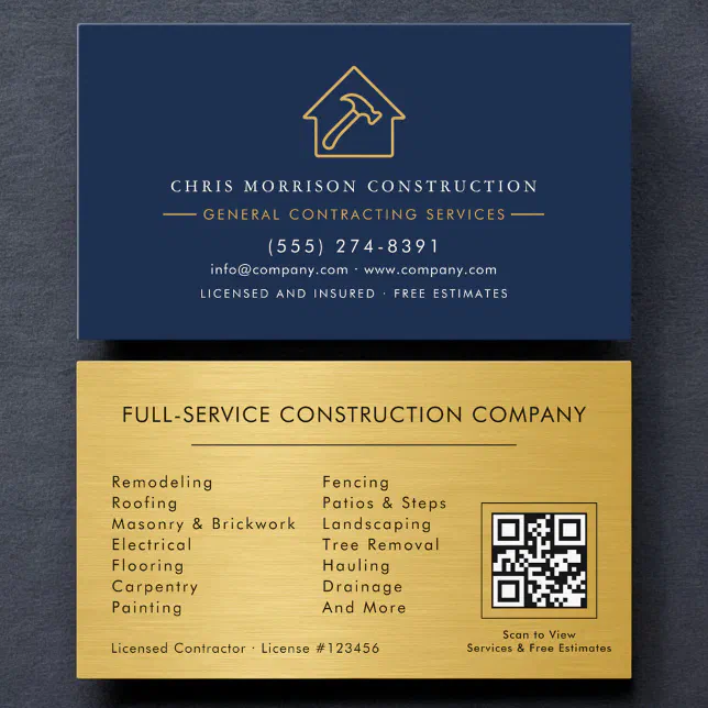 General Contractor Metallic Gold Navy Blue QR Code Business Card | Zazzle