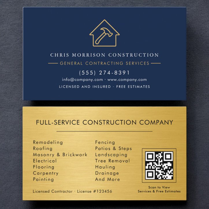 General Contractor Metallic Gold Navy Blue QR Code Business Card