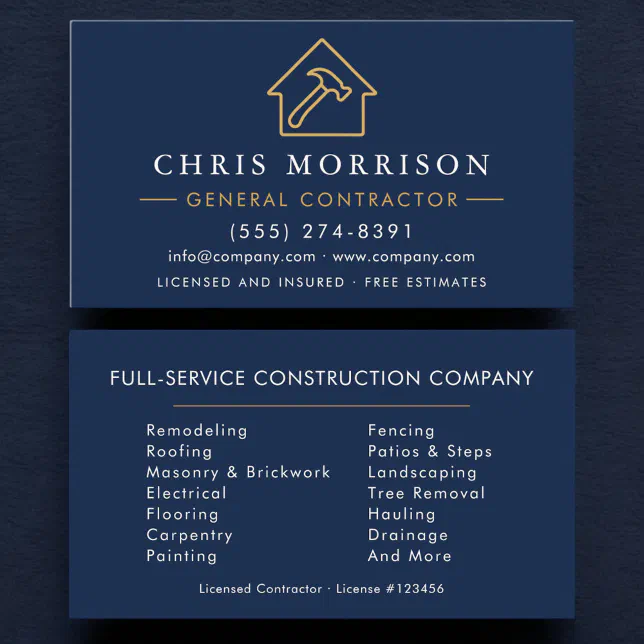 General Contractor Navy Blue Gold Business Card | Zazzle