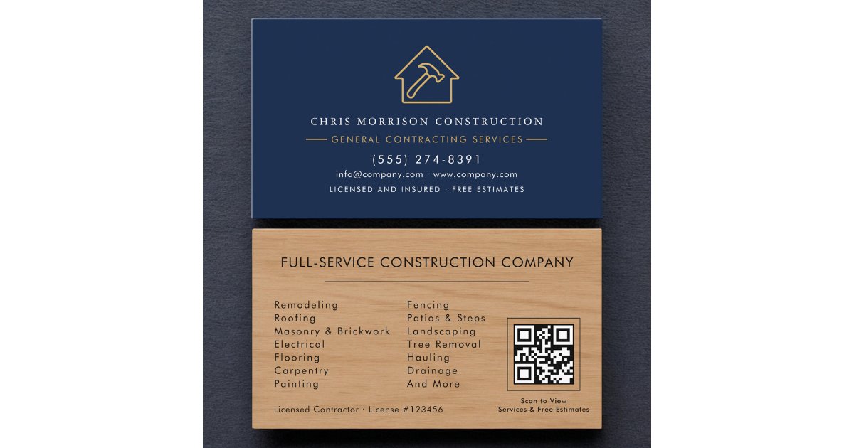General Contractor Navy Blue Wood QR Code Business Card | Zazzle