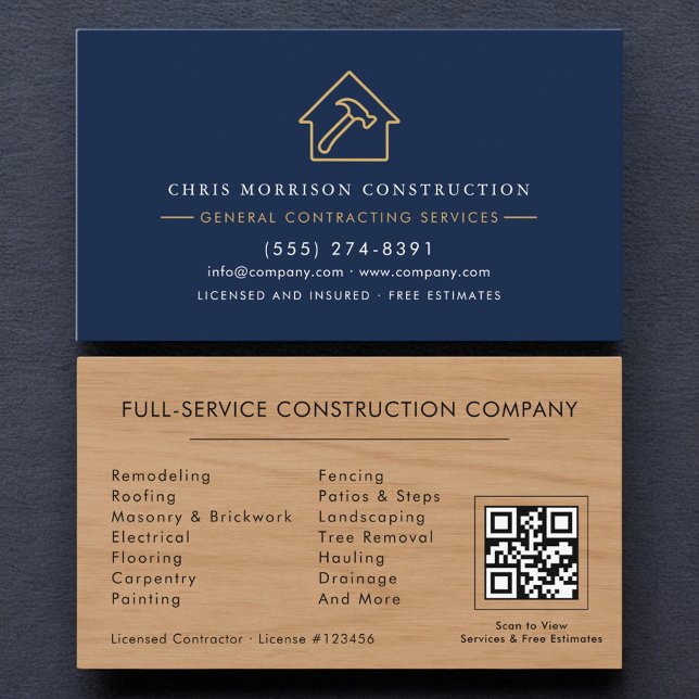 General Contractor Navy Blue Wood QR Code Business Card (Creator Uploaded)