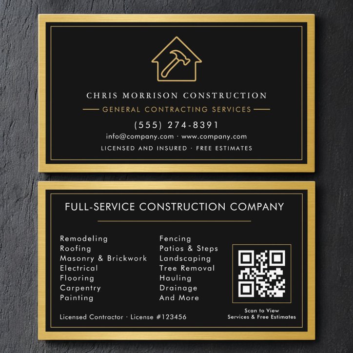 General Contractor QR Code Black Gold Metallic Business Card