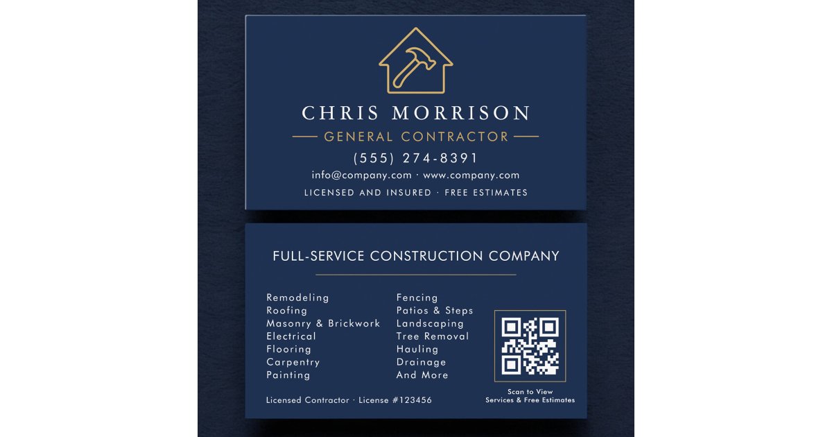 General Contractor QR Code Navy Blue Gold Business Card | Zazzle