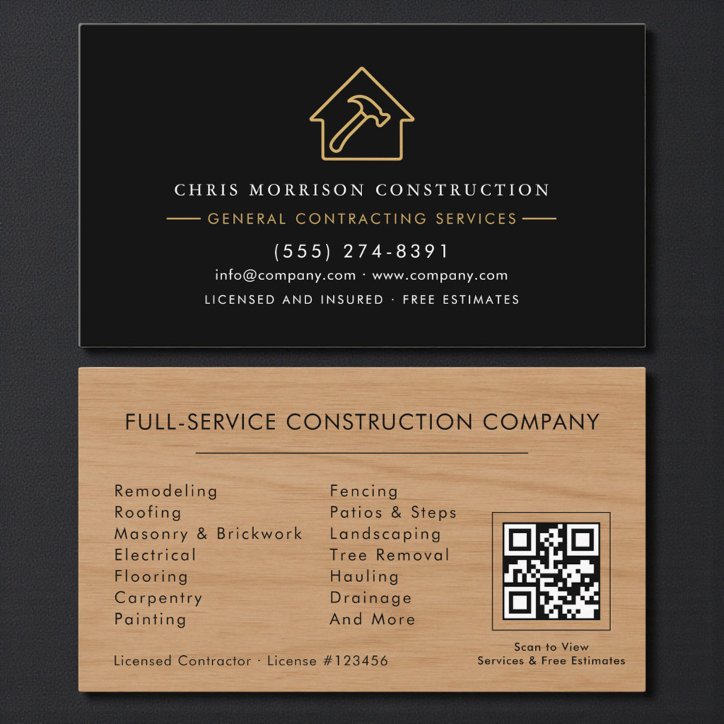 General Contractor Rustic Wood QR Code Business Card