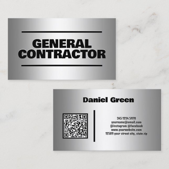 General Contractor Silver QR Business Card (Front/Back)