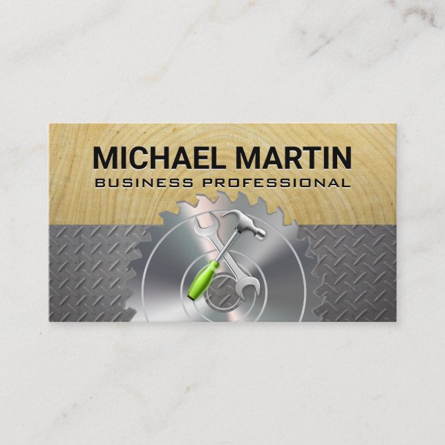 General Contractor Tools | Wood Metal Business Card (Front)