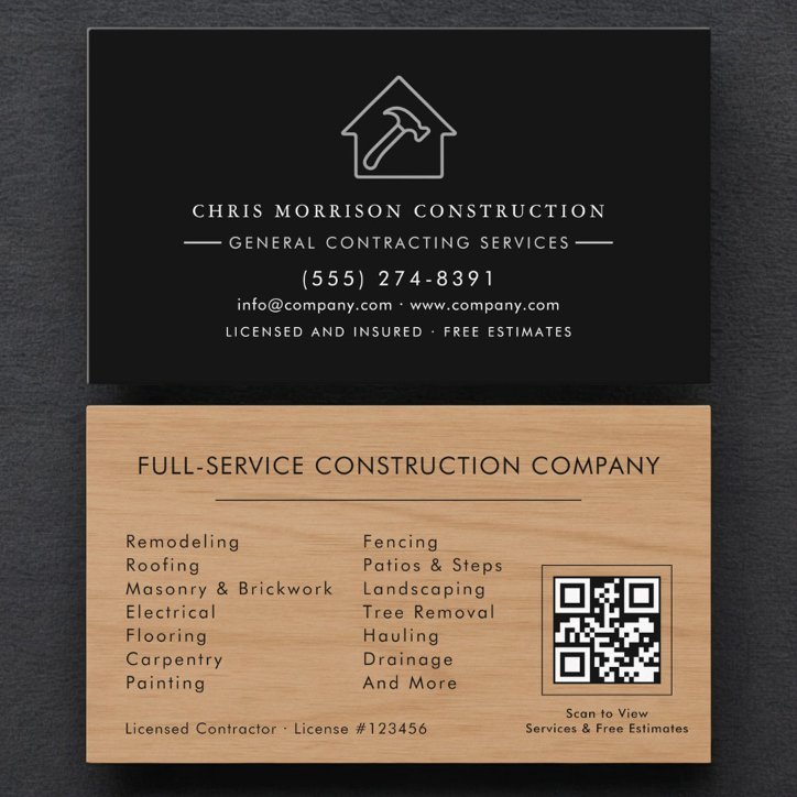 General Contractor Wood Grain QR Code Business Card
