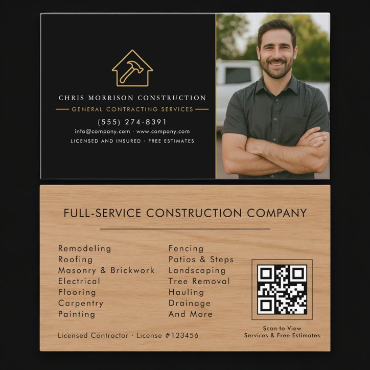 General Contractor Wood Photo QR Code Business Card