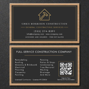 General Contractor Wood QR Code Black Gold Business Card