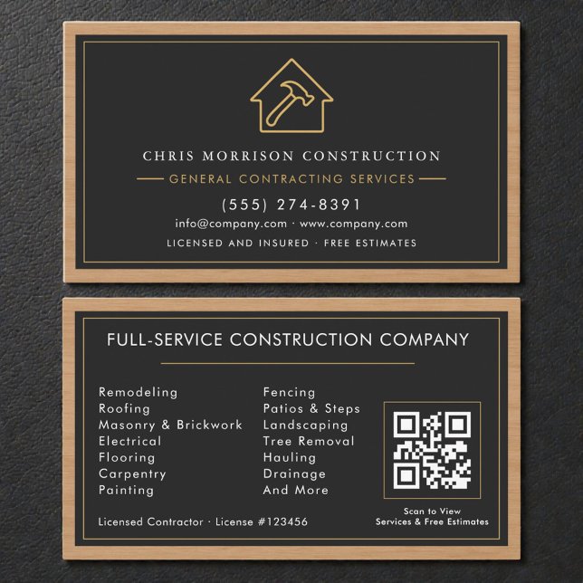 General Contractor Wood QR Code Black Gold  Business Card (Creator Uploaded)