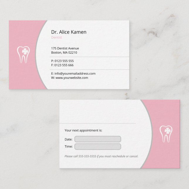 General Dentist | Pink Lucky Teeth Appointment Card (Front/Back)
