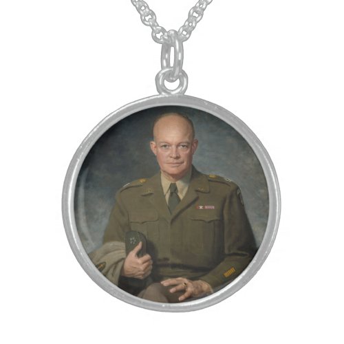 General Dwight Eisenhower 5 Star Painted Portrait Sterling Silver Necklace