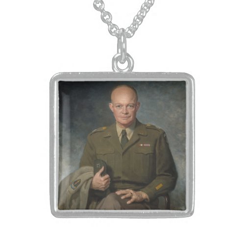 General Dwight Eisenhower 5 Star Painted Portrait Sterling Silver Necklace