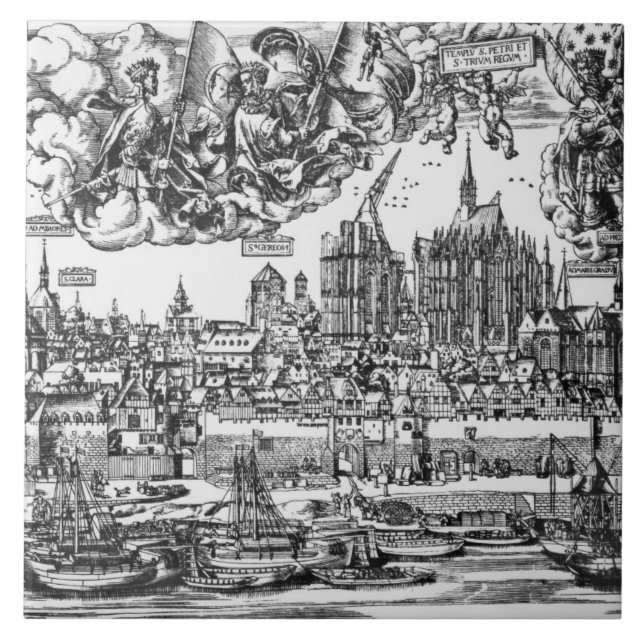 General View of Cologne, 1531 (engraving) (b/w pho Ceramic Tile (Front)