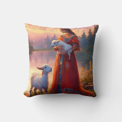 Generate a magical picture of a fairy tale village throw pillow
