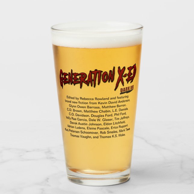 Generation X-ed beer glass with author names (Front Filled)