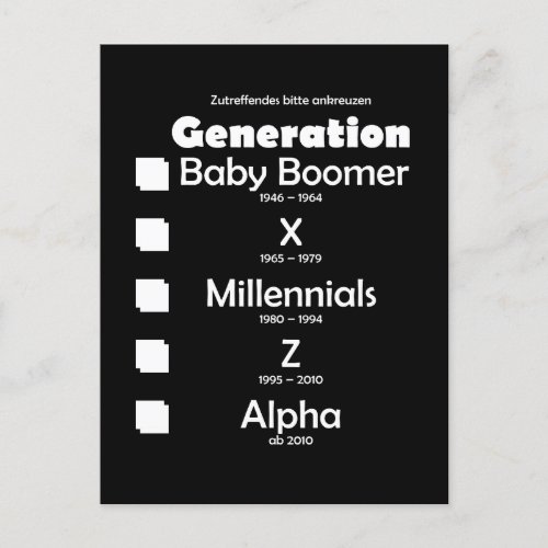 Generations Baby Boomer X Y Millennium Z Al Postcard