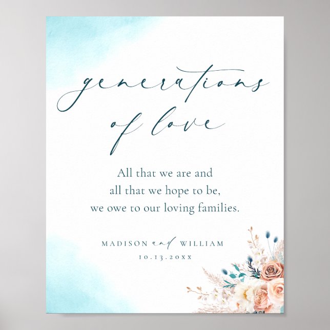 Generations of Love Boho Teal and Peach Flowers Poster (Front)