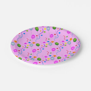 Generic Festive Balloons and Streamers on PINK Paper Plates